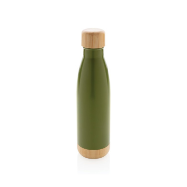 Gourde isotherme sous vide en acier inoxydable avec bouchon et base en bambou — vert — vue de détail (1)