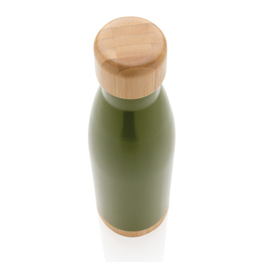 Gourde isotherme sous vide en acier inoxydable avec bouchon et base en bambou — vert — vue de détail (3)