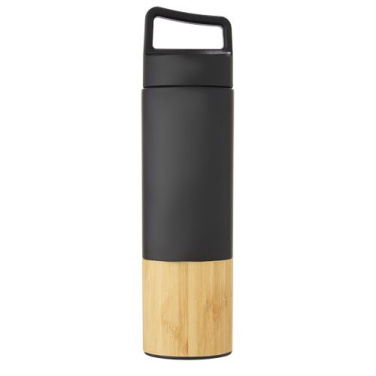 Bouteille en acier inoxydable 540 ml à paroi extérieure en bambou Torne, noir uni — image du produit (1)