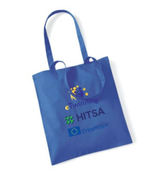 Medvilninis pirkinių krepšys su Hitsa, Erasmus+ ir eTwinning logotipais