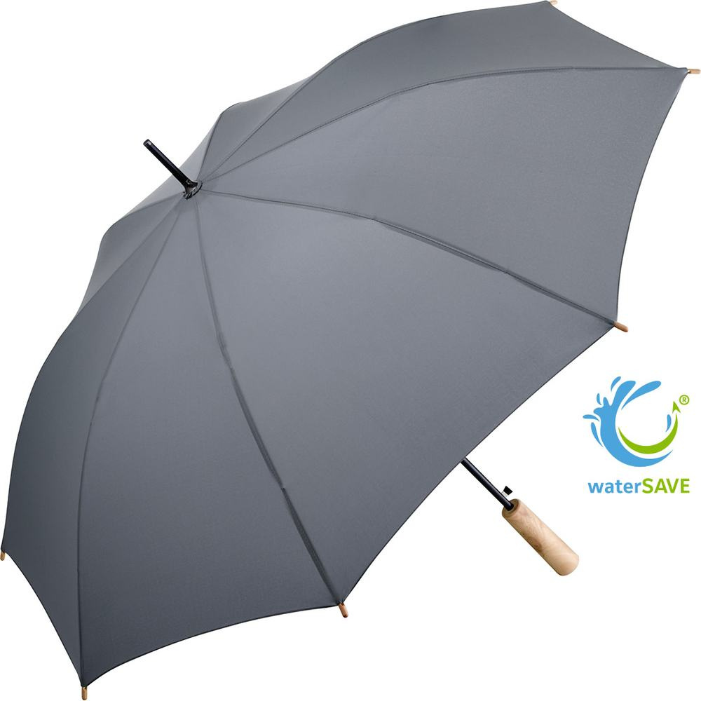 FARE ÖkoBrella automatinis skėtis su perdirbto PET audiniu ir medine rankena su logotipu, pilka (waterSAVE®) – produkto nuotrauka
