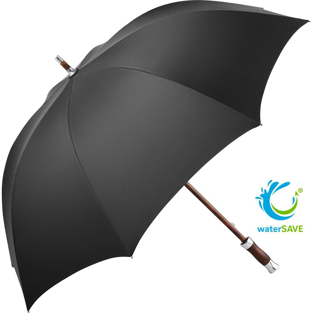FARE® Exklusiv 60th Edition waterSAVE® prabangus skėtis su mediniu kotu su logotipu, juoda (waterSAVE®) – produkto nuotrauka