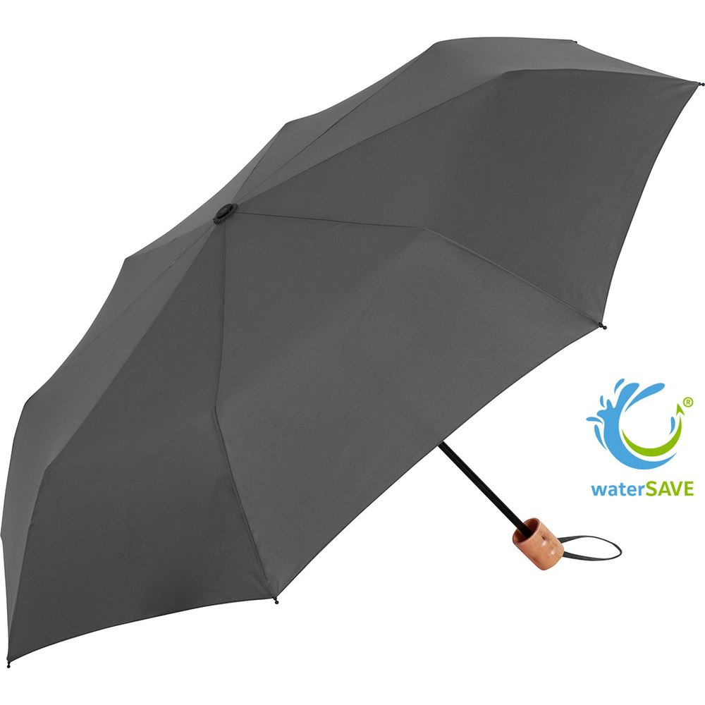 FARE ÖkoBrella kišeninis skėtis su perdirbto PET audiniu ir medine rankena su logotipu, pilka (waterSAVE®) – produkto nuotrauka