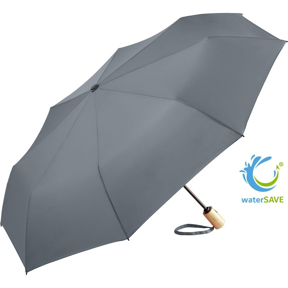 FARE ÖkoBrella AOC kišeninis skėtis su perdirbto PET audiniu ir bambuko rankena su logotipu, pilka (waterSAVE®) – produkto nuotrauka