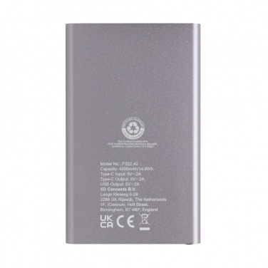 Logotrade korporatīvās dāvanas foto: RCS 4000 mAh USB-C ārējais akumulators no pārstrādāta alumīnija