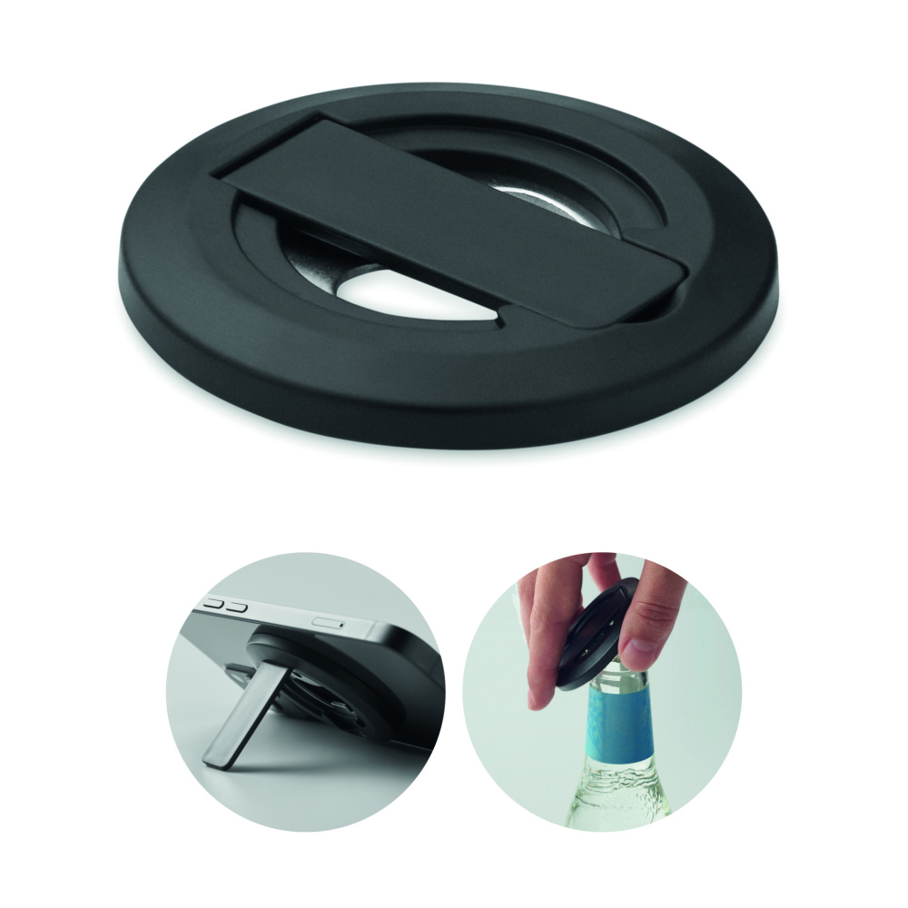 Logotrade Ideja dāvanas foto: Telefona turētājs un pudeļu attaisāmais