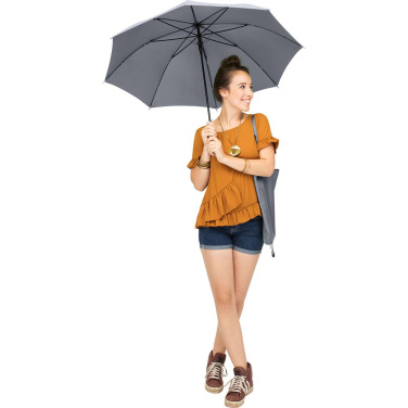 FARE ÖkoBrella automātiskais lietussargs ar pārstrādāta PET jumtu un koka rokturi ar logotipu, pelēks (waterSAVE®) – detaļas skats 10