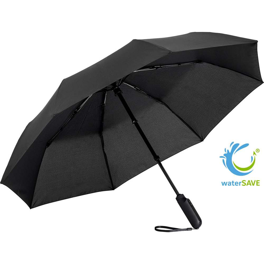 FARE® eBrella® elektriski atverams un aizverams kabatas lietussargs ar logotipu, melns (waterSAVE®) – produkta foto