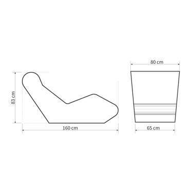 Atpūtas krēsla izmēru rasējums: garums 160 cm, augstums 83 cm, platums 80/65 cm