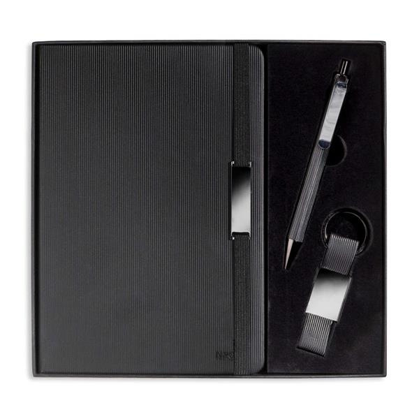 Dāvanu komplekts - A5 piezīmju grāmatiņa ar integrētu NFC tehnoloģiju, metāla lodīšu pildspalva un atslēgu piekariņš. / Set Vhilz, produkta attēls