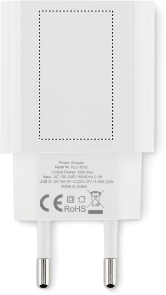 Chargeur USB de 20 W à 2 ports, prise UE: Emplacement du logo – face 2 du produit