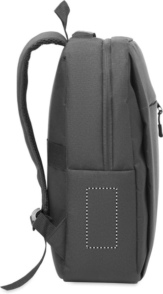 Slim 15 inch laptop backpack made of 600D RPET polyester with a 210D lining and customizable printing: Logo position – side pocket