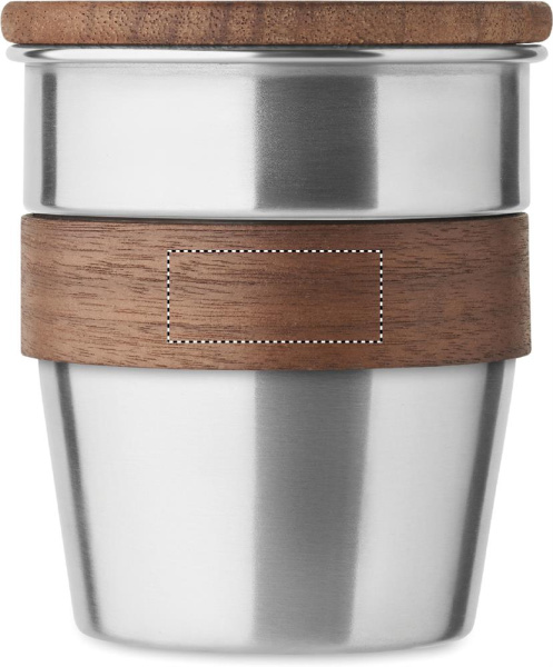 Enkelväggig mugg med valnötsgrepp och lock, 350 ml: Logotypens placering – Muggrep