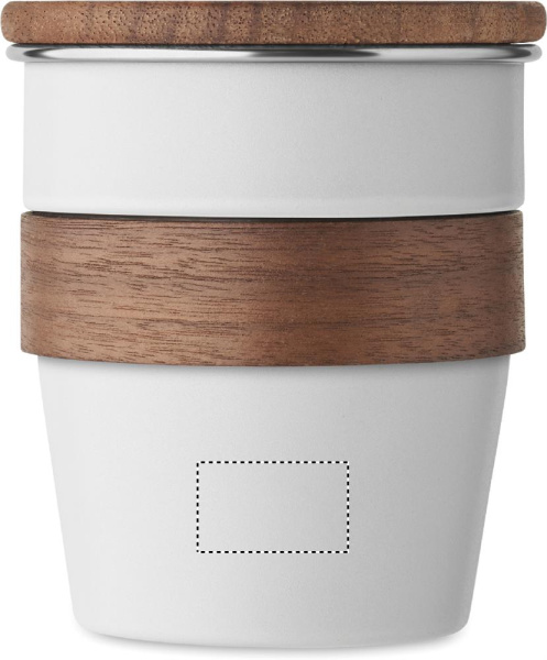 Enkelväggig mugg med valnötsgrepp och lock, 350 ml: Logotypens placering – mugg: nedre delen av produktens framsida