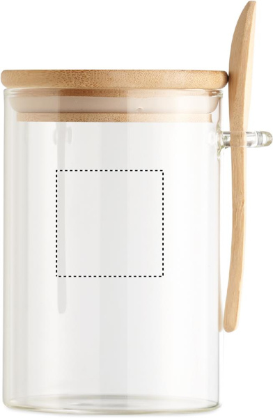 Bocal en verre de 600 ml avec cuillère: Emplacement du logo – face 1 du produit