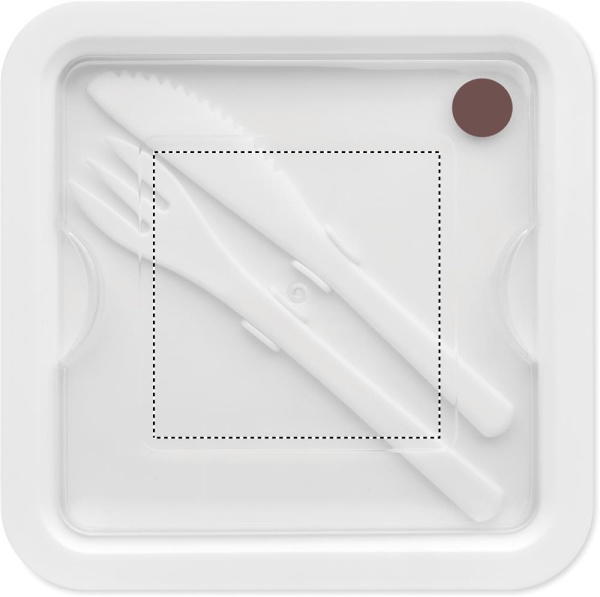 Boîte repas de 600 ml avec couverts: Étiquette imprimée en numérique — Couvercle transparent