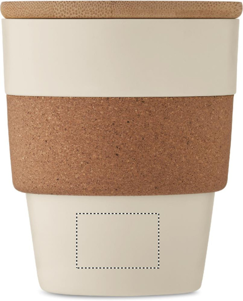Becher Galao aus recyceltem PP mit Korkhülle 300 ml: Logoposition – Becher: unterer Bereich der Produktvorderseite