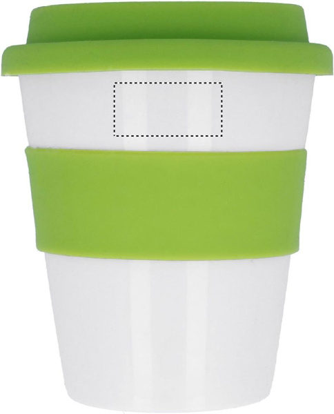PP-mugg Astoria med silikonlock 350 ml: Logotypens placering – mugg: övre delen av produktens framsida