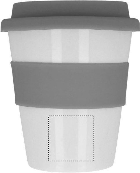 PP-mugg Astoria med silikonlock 350 ml: Logotypens placering – mugg: nedre delen av produktens framsida