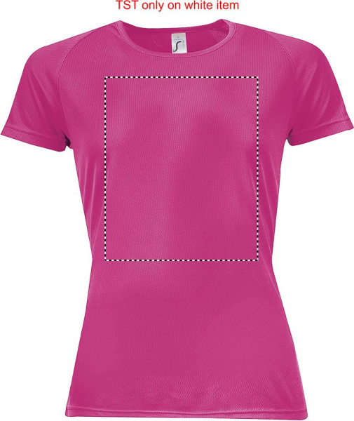 SPORTY DAMENT-SHIRT  140g: Logoposition – Vorderseite des Produkts