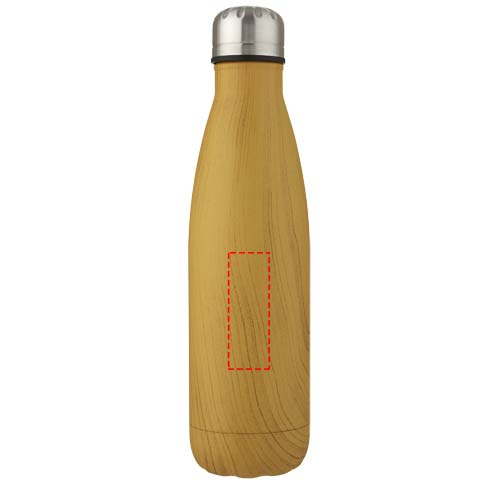 Cove 500 ml vakuumizolēta nerūsējošā tērauda pudele ar koka rakstu: Logotipa izvietojums – izstrādājuma priekšpuse
