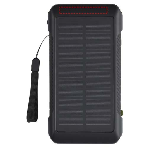 Soldy 10 000 mAh päikesepaneeli ja dünamoga akupank taaskasutatud plastist: Logo asukoht – toote esikülg