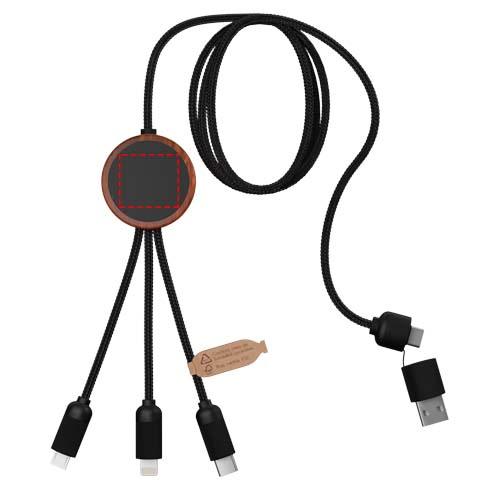 SCX.design C37 5-in-1 rPET light-up logo charging cable with round wooden casing: Logo position – front of the product