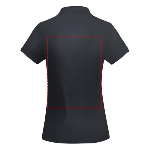 Moteriškas polo „Princas“ trumpomis rankovėmis: Logotipo vieta – viršutinė nugaros dalis