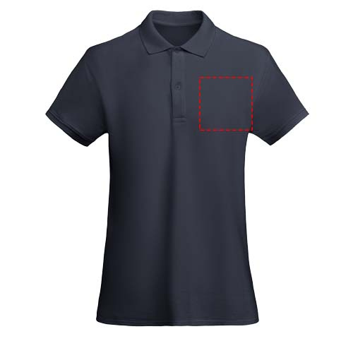 Moteriškas polo „Princas“ trumpomis rankovėmis: Logotipo vieta – kairė krūtinės pusė