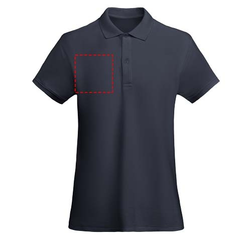 Moteriškas polo „Princas“ trumpomis rankovėmis: Logotipo vieta – dešinė krūtinės pusė