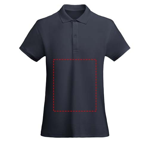 Moteriškas polo „Princas“ trumpomis rankovėmis: Logotipo vieta – visa drabužio priekinė dalis