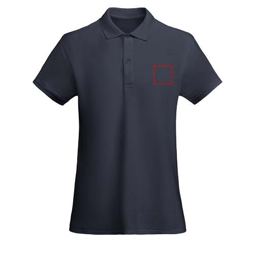 Moteriškas polo „Princas“ trumpomis rankovėmis: Logotipo vieta – kairė krūtinės pusė