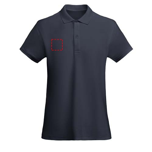 Moteriškas polo „Princas“ trumpomis rankovėmis: Logotipo vieta – dešinė krūtinės pusė