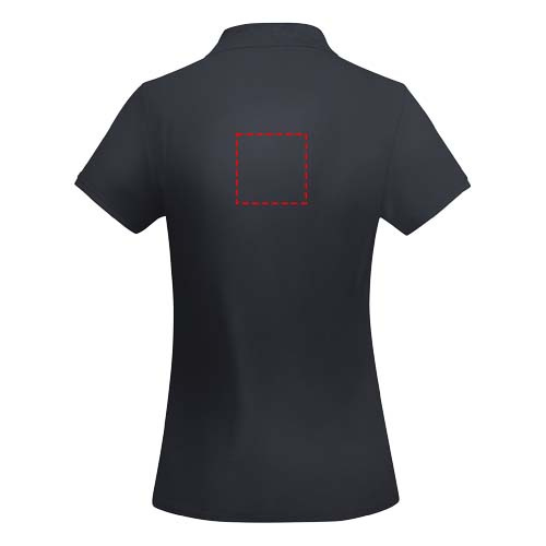 Moteriškas polo „Princas“ trumpomis rankovėmis: Logotipo vieta – viršutinė nugaros dalis