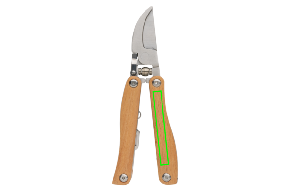 Multitool för trädgården i trä: Logotypens placering – höger del av produktens framsida