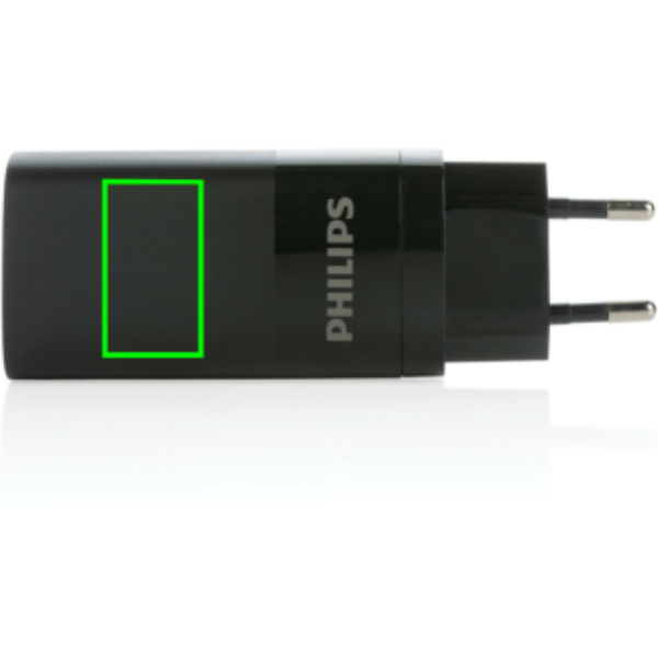 „Philips“ 65 W itin greitas PD 3 prievadų USB sieninis įkroviklis: Logotipo vieta – gaminio priekinė pusė