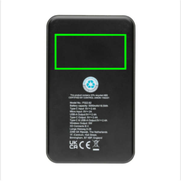 RCS 5000mAh varavirtalähde langattomalla latauksella: Logon sijainti – tuotteen takaosa