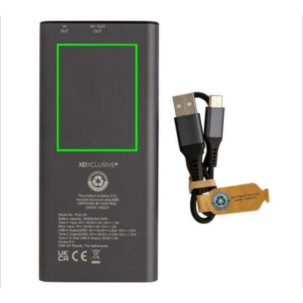 Terra RCS perdirbtas 20 W aliuminio maitinimo blokas 20 000 mAh: Logotipo vieta – gaminio galinė pusė