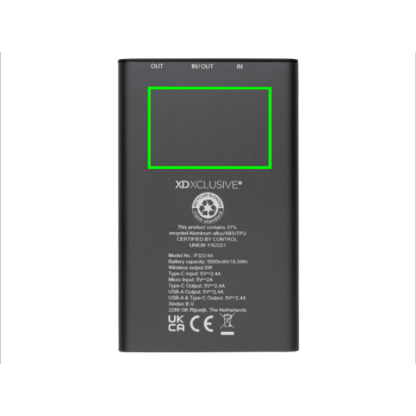 Terra RCS perdirbto aliuminio 5000 mAh maitinimo blokas 5W belaidis: Logotipo vieta – gaminio galinė pusė