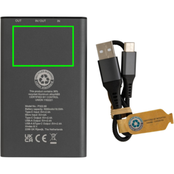 Terra RCS perdirbto aliuminio maitinimo blokas 5 000 mAh: Logotipo vieta – gaminio galinė pusė