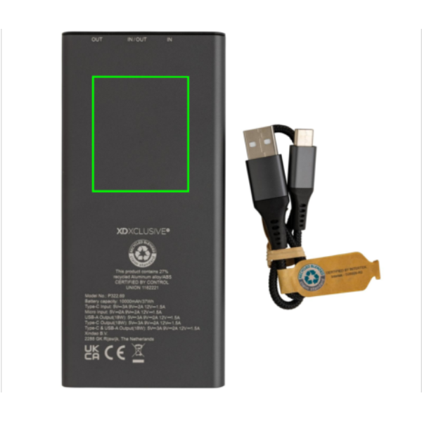 Terra RCS perdirbtas 18 W aliuminio maitinimo blokas 10 000 mAh: Logotipo vieta – gaminio galinė pusė