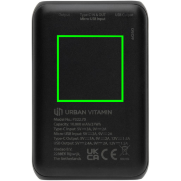 Urban Vitamin Alameda 10 000 mAh 18W PD maitinimo blokas: Logotipo vieta – gaminio galinė pusė