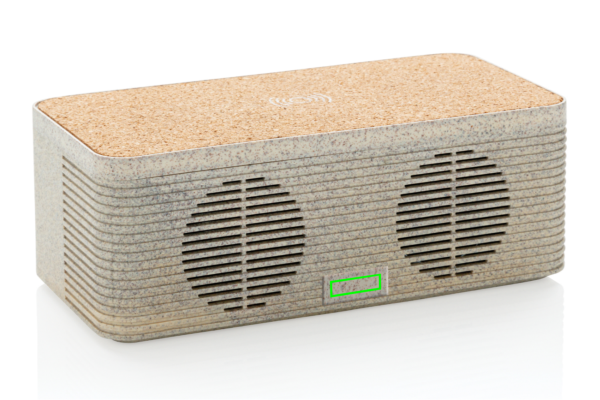 Enceinte avec charge sans fil en paille de blé: Emplacement du logo – partie inférieure de la face avant du produit