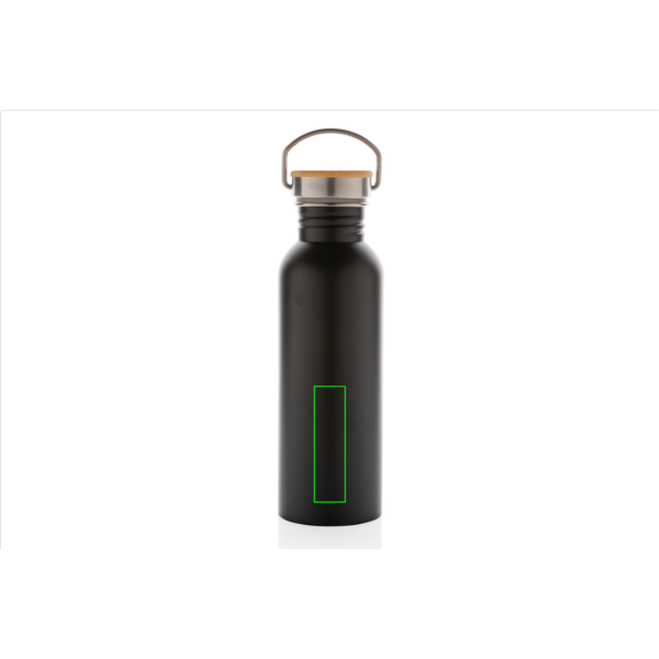 Moderne Edelstahlflasche mit Bambusdeckel: Logoposition – unterer Bereich der Produktvorderseite