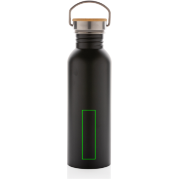 Moderne Edelstahlflasche mit Bambusdeckel: Logoposition – unterer Bereich der Produktrückseite