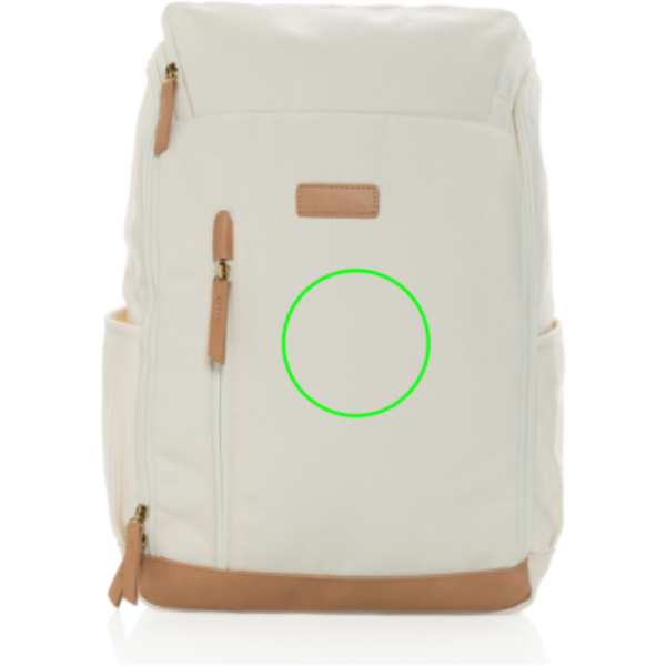 Impact AWARE™ 15" laptopryggsäck i 16 oz. återvunnen canvas: Logotypens placering – produktens framsida