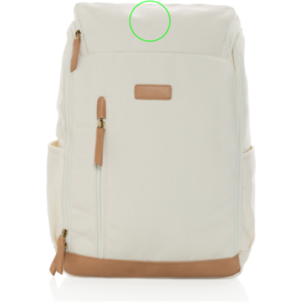 Impact AWARE™ 15" laptopryggsäck i 16 oz. återvunnen canvas: Logotypens placering – produktens ovansida