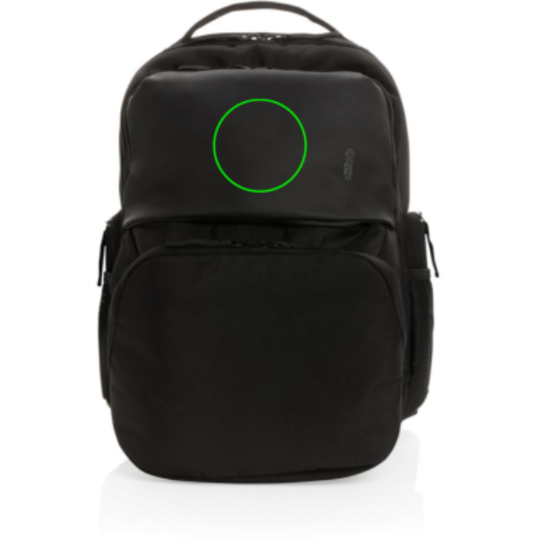 Swiss Peak AWARE™ RPET 15,6 collu piepilsētas mugursoma: Logotipa izvietojums – izstrādājuma priekšpuses augšdaļa