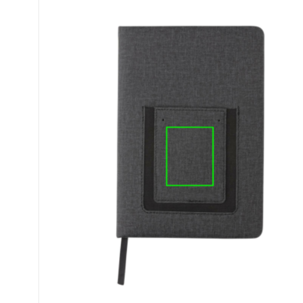 Deluxe A5 anteckningsbok med telefonfack: Logotypens placering – mitten på produktens framsida