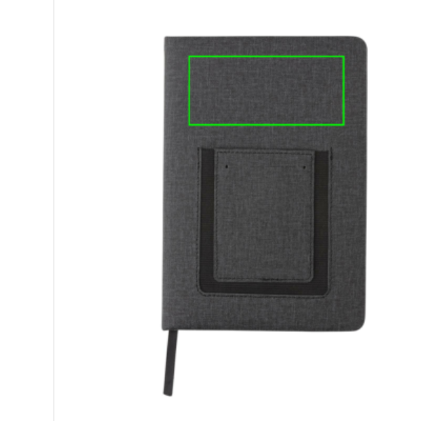 Deluxe A5 anteckningsbok med telefonfack: Logotypens placering – övre delen av produktens framsida